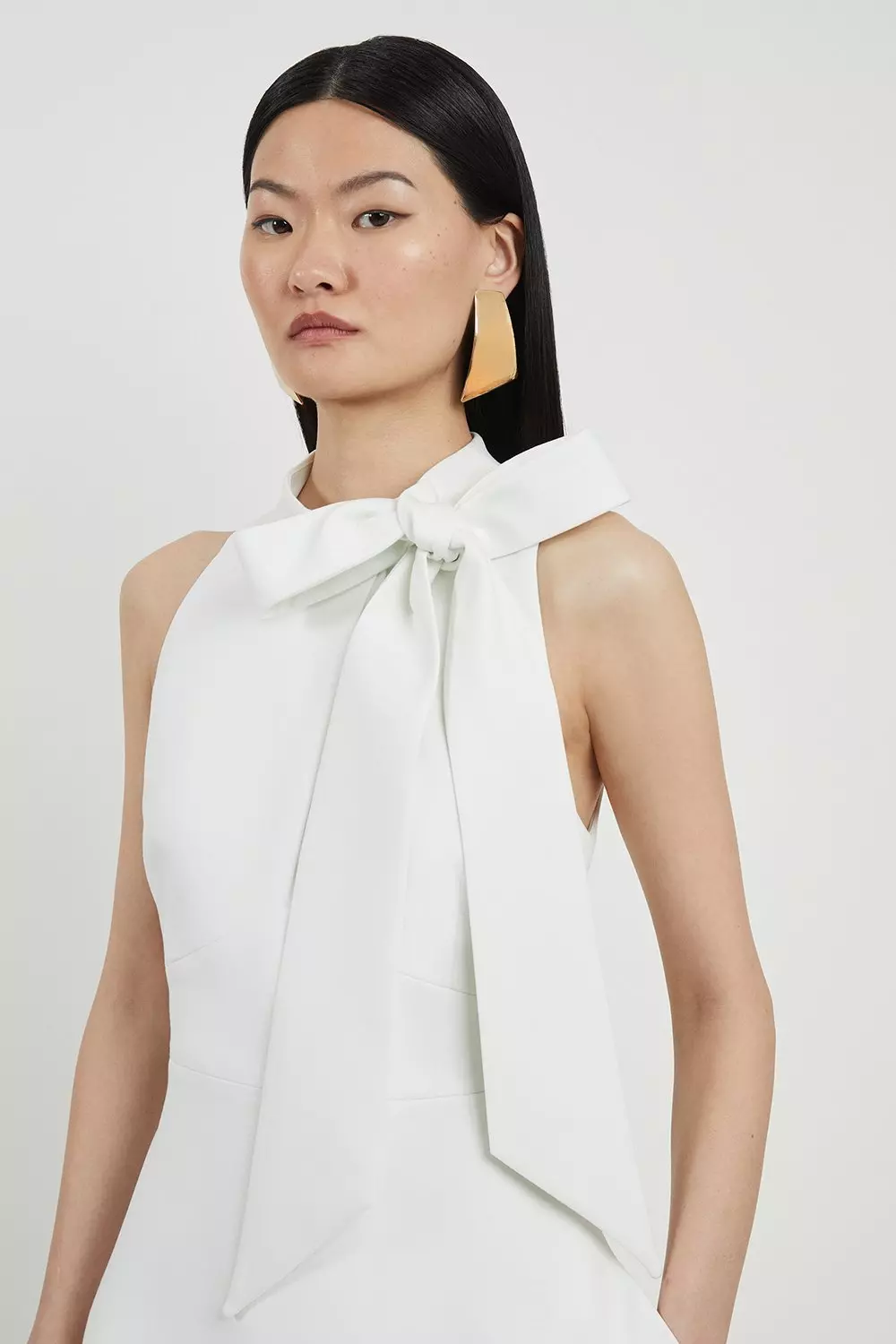 【KAREN MILLEN】サテン ボウタイネックテーラードミディドレス Compact Stretch Bow Tie Neck Full Skirted Midi Dress | Karen