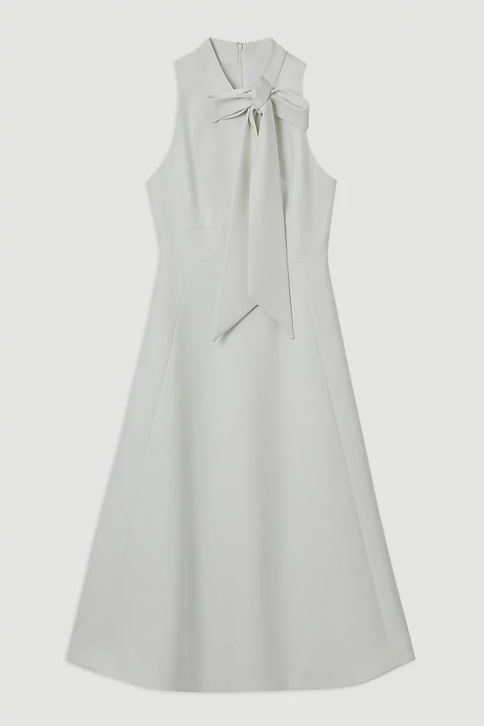 Compact Stretch Bow Tie Neck Full Skirted Midi Dress | Karen Compact Stretch Bow Tie Neck Full Skirted Midi Dress | Karen