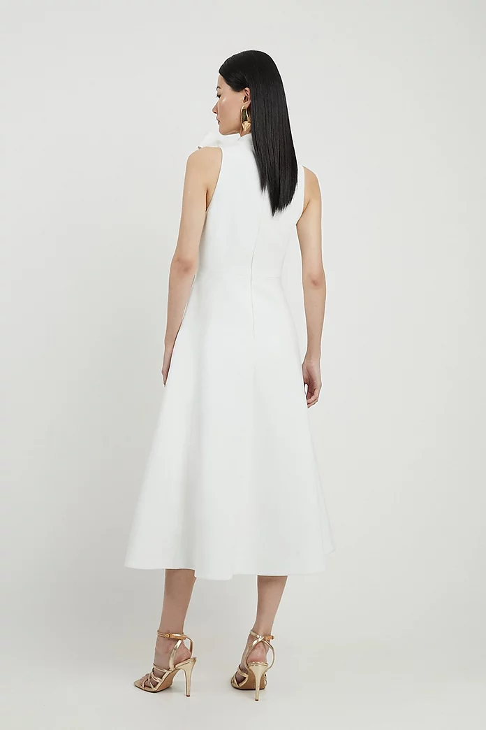 Compact Stretch Bow Tie Neck Full Skirted Midi Dress | Karen Compact Stretch Bow Tie Neck Full Skirted Midi Dress | Karen