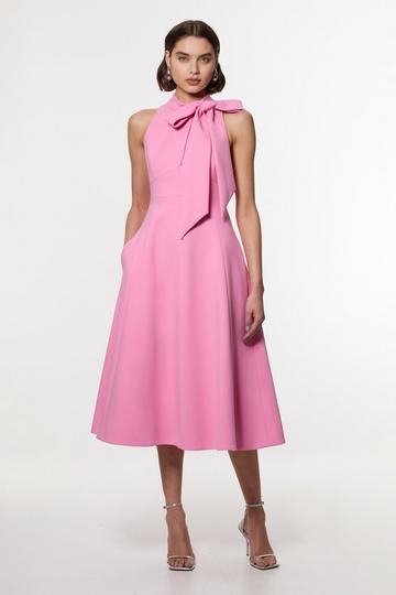 Pink Compact Stretch Bow Tie Neck Full Skirted Midi Dress