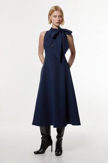 Navy Compact Stretch Bow Tie Neck Full Skirted Midi Dress