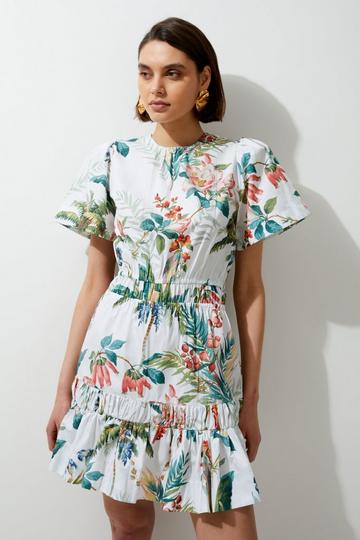 Tropical Printed Cotton Woven Mini Dress floral