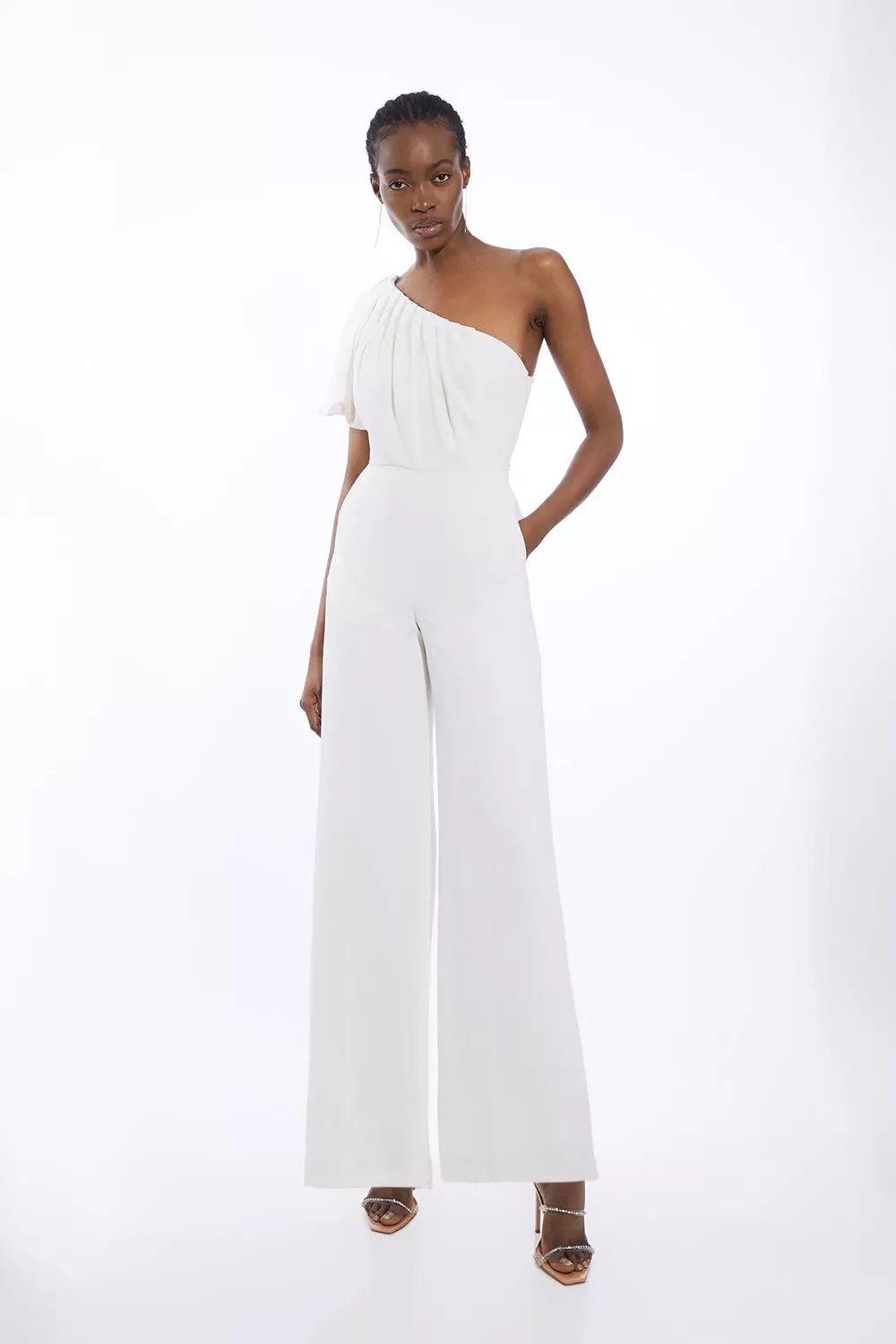 Karen Millen Womens Soft Tailored One Shoulder Wide Leg Jumpsuit Ivory Size 8
