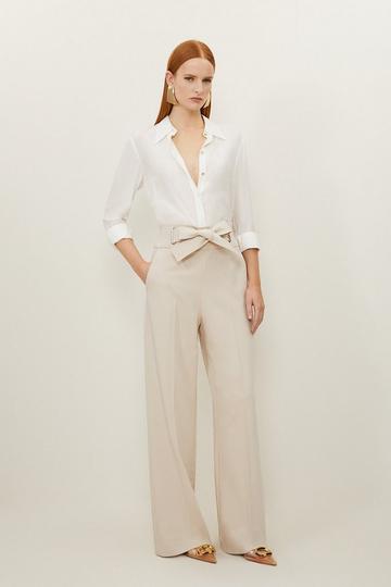 Premium Viscose Linen Belted Tailored Straight Leg Trousers camel