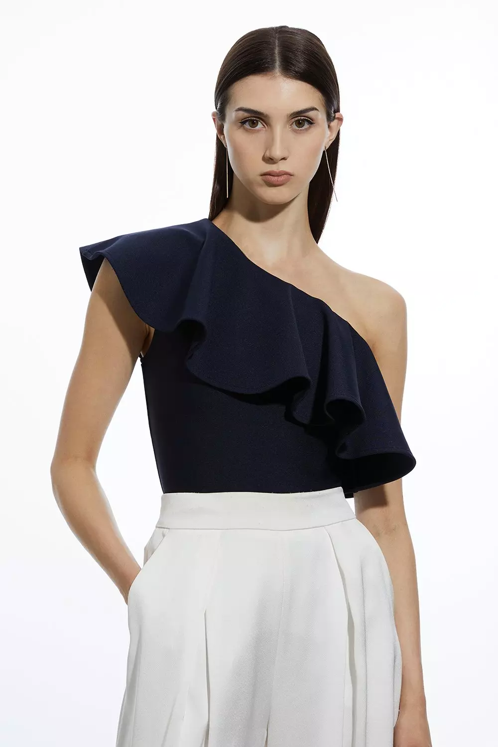 Navy Figure Form Bandage Drama Frill Knit Top alternative image