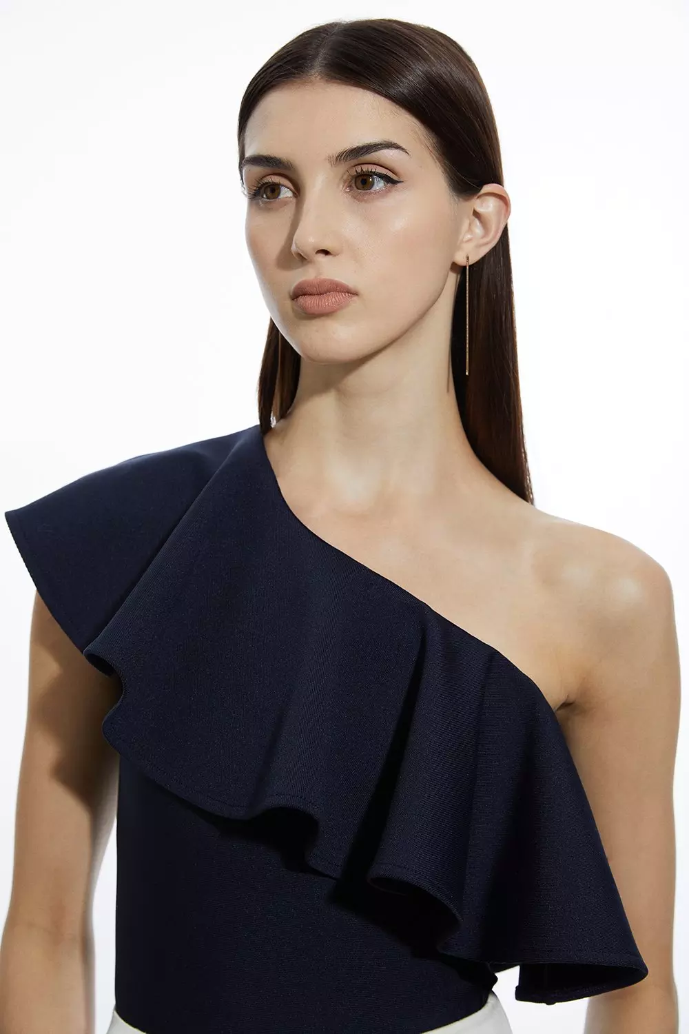 Navy Figure Form Bandage Drama Frill Knit Top alternative image