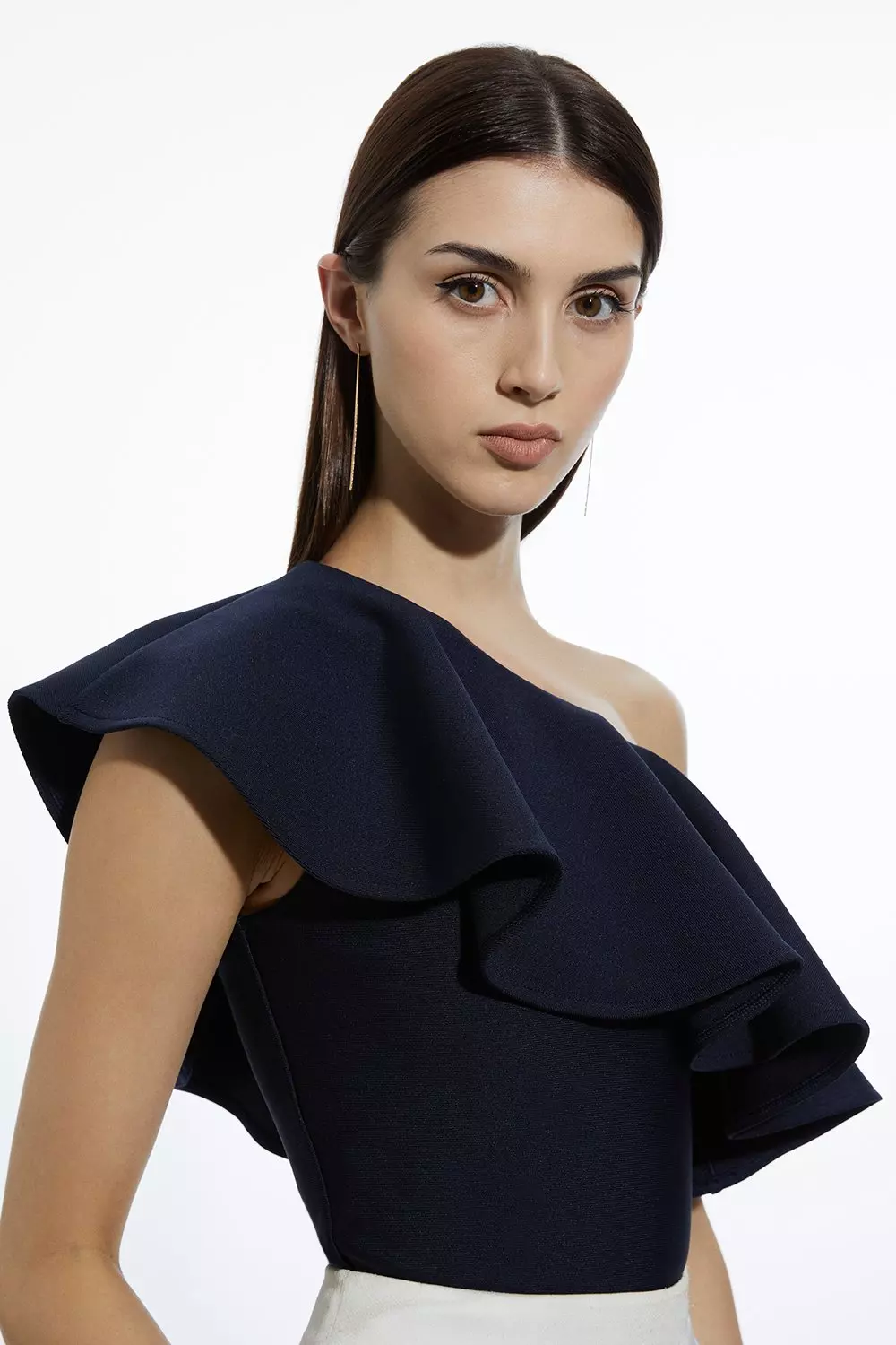 Navy Figure Form Bandage Drama Frill Knit Top alternative image