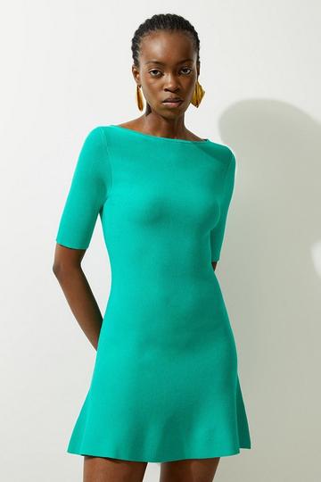 Green Viscose Blend Look Knit Flippy Mini Dress
