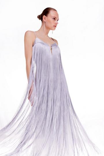 Silver Ooto Heavy Satin Fringed Woven Strappy Maxi Dress
