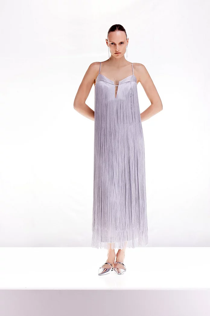 Ooto Heavy Satin Fringed Woven Strappy Maxi Dress | Karen Millen Ooto Heavy Satin Fringed Woven Strappy Maxi Dress | Karen Millen