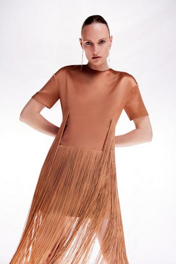 Ooto Heavy Satin Fringed Woven Open Back Mini Dress taupe