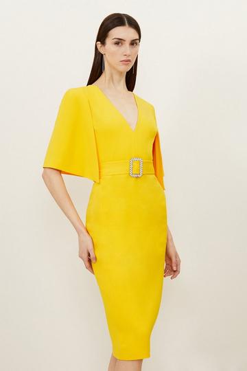 Yellow Petite Compact Stretch Viscose Cape Pencil Midi Dress