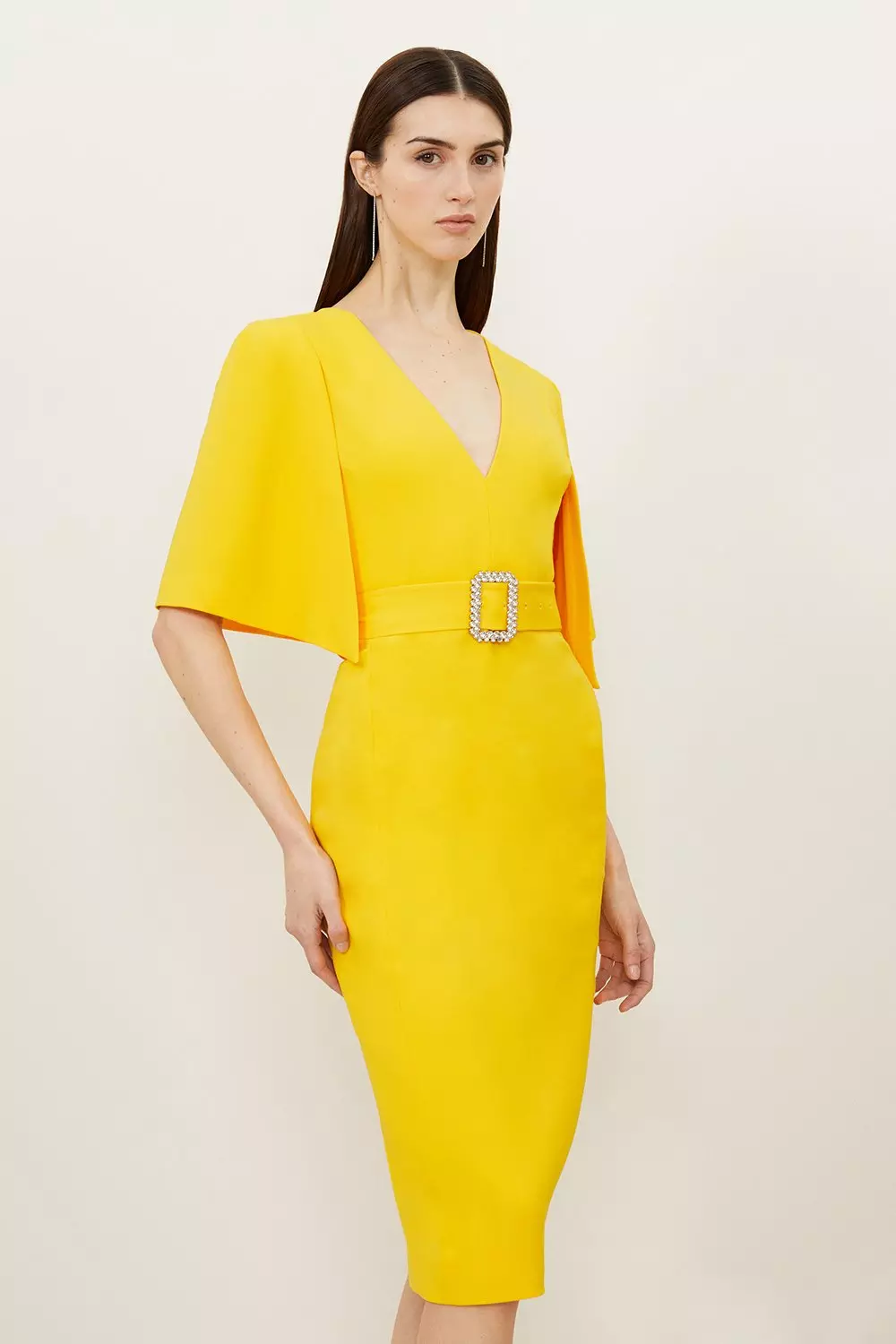 Compact Stretch Viscose Cape Pencil Midi Dress | Karen Millen