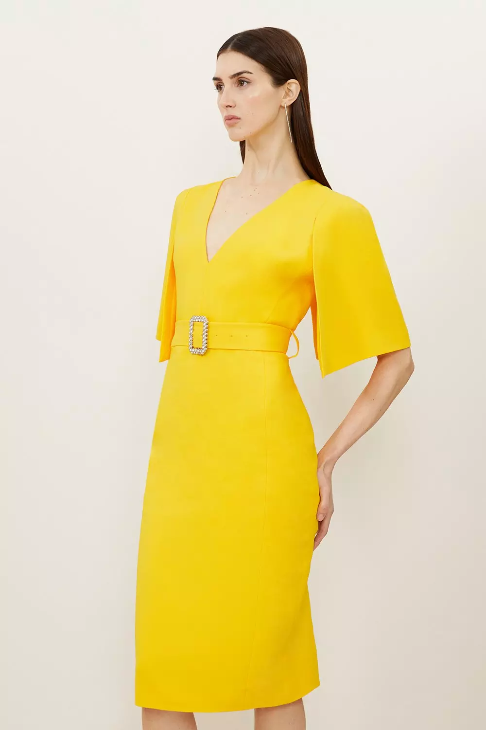 Compact Stretch Viscose Cape Pencil Midi Dress | Karen Millen