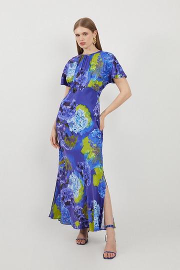 Purple Bright Floral Printed Satin Back Crepe Woven Maxi Dress