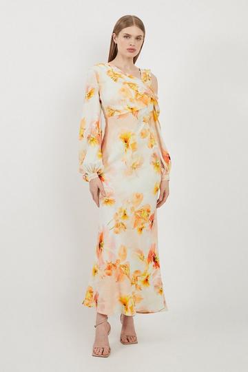 Tall Delicate Floral Satin Cold Shoulder Draped Midi Dress blush