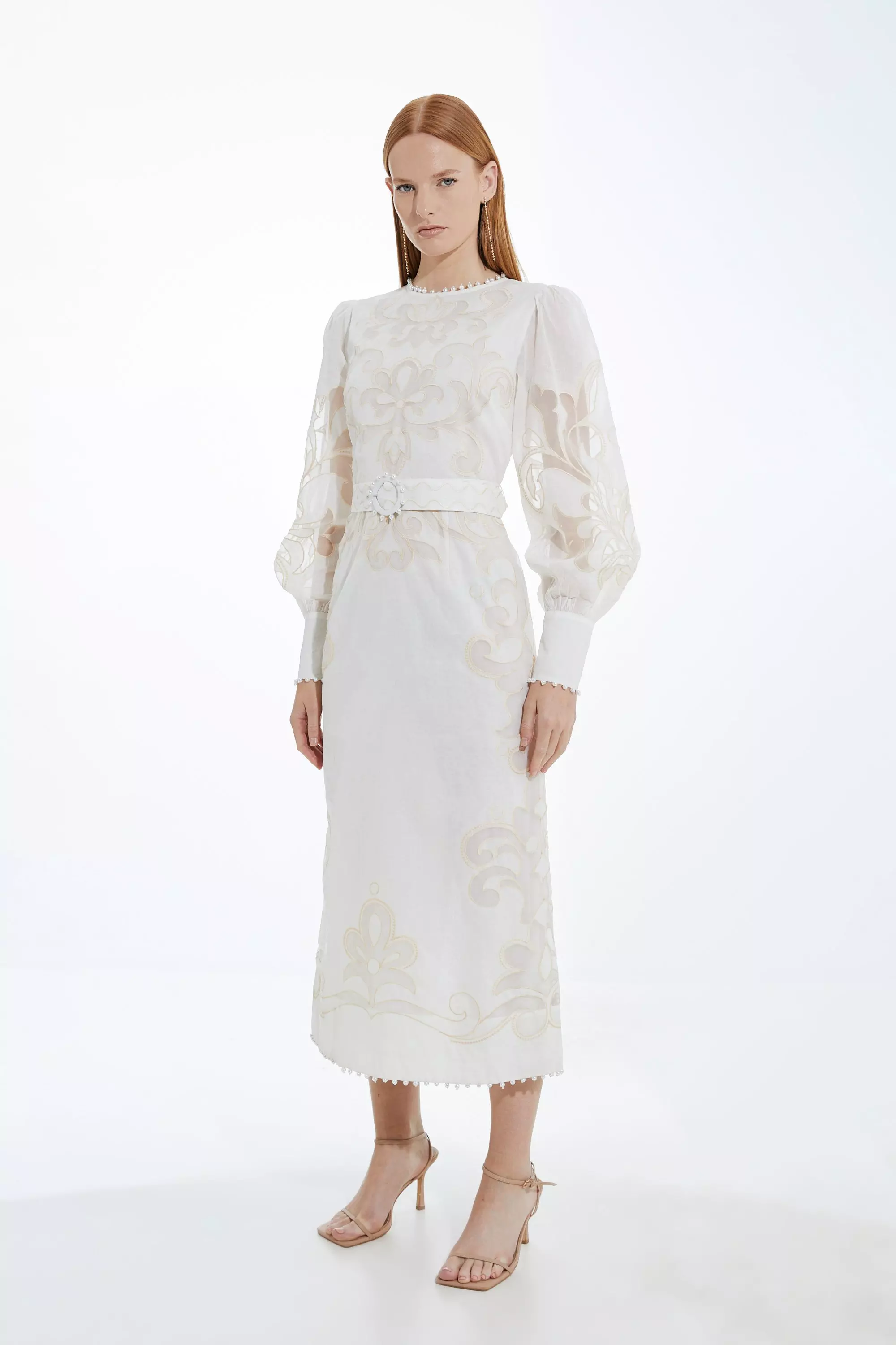 【Karen Millen】ツイル バルーンスリーブ ミディドレス Cutwork Organdie Balloon Sleeve Woven Midi Dress | Karen Millen