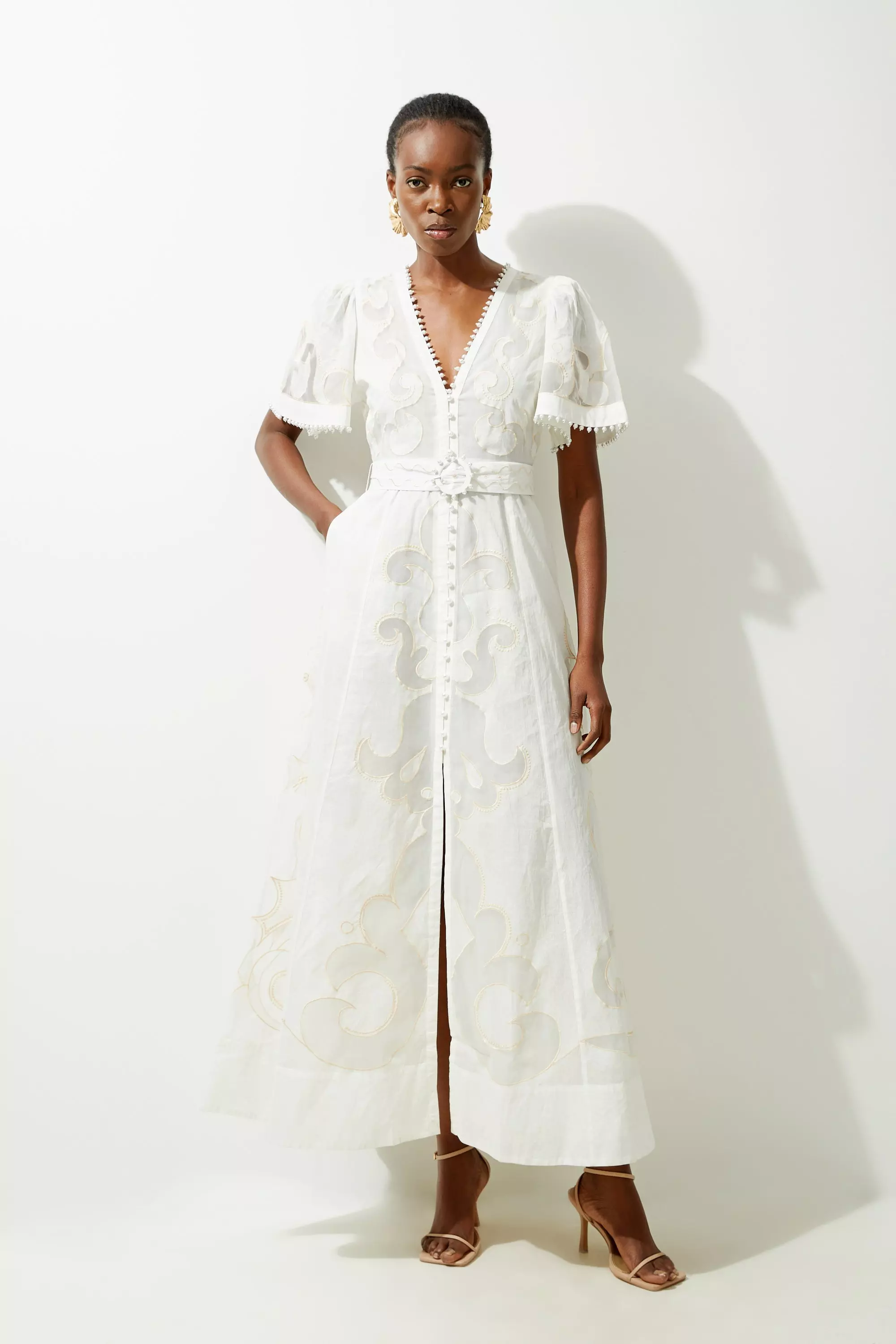 Cutwork Organdie V Neck Woven Midi Dress alternative image