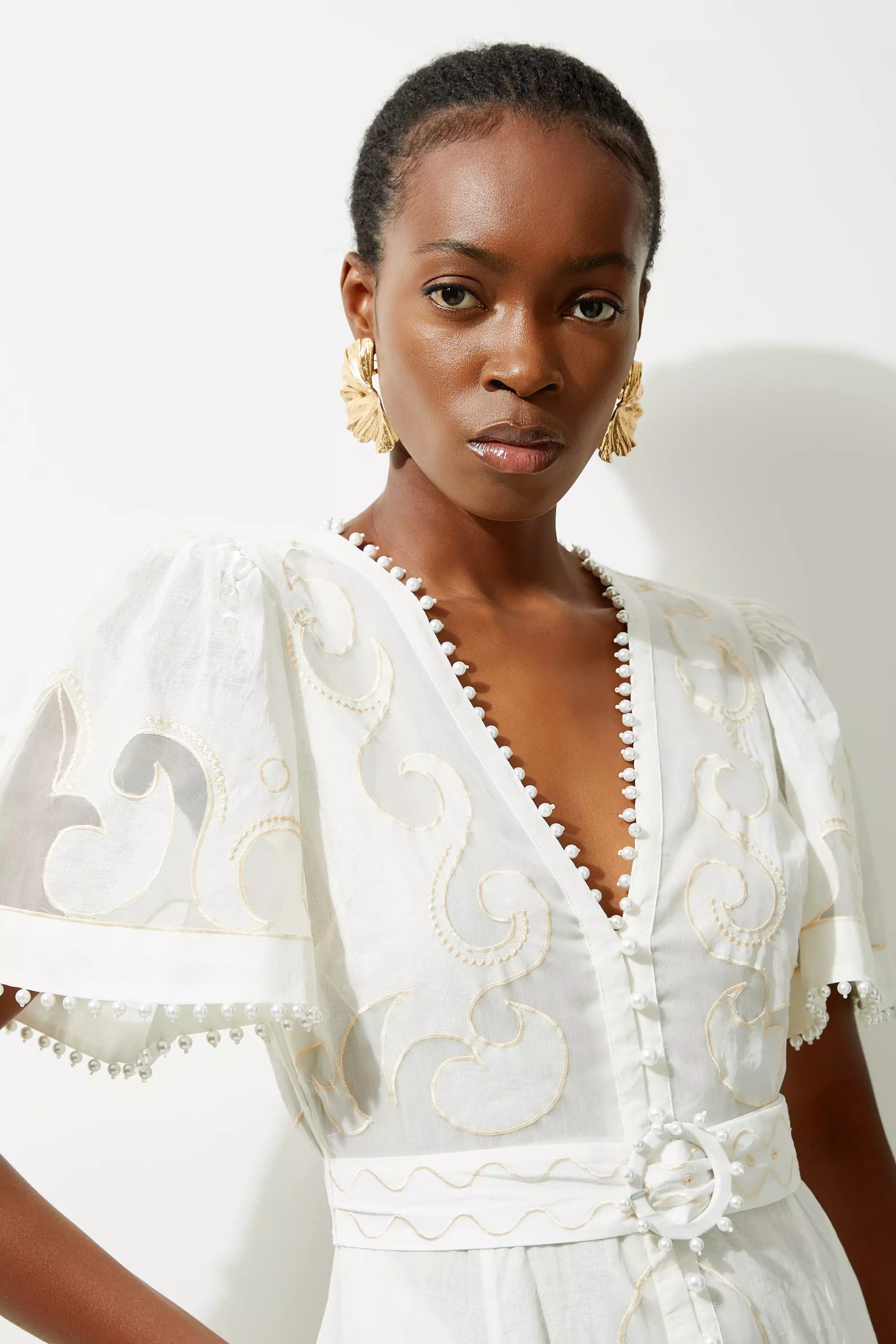 Cutwork Organdie V Neck Woven Midi Dress alternative image