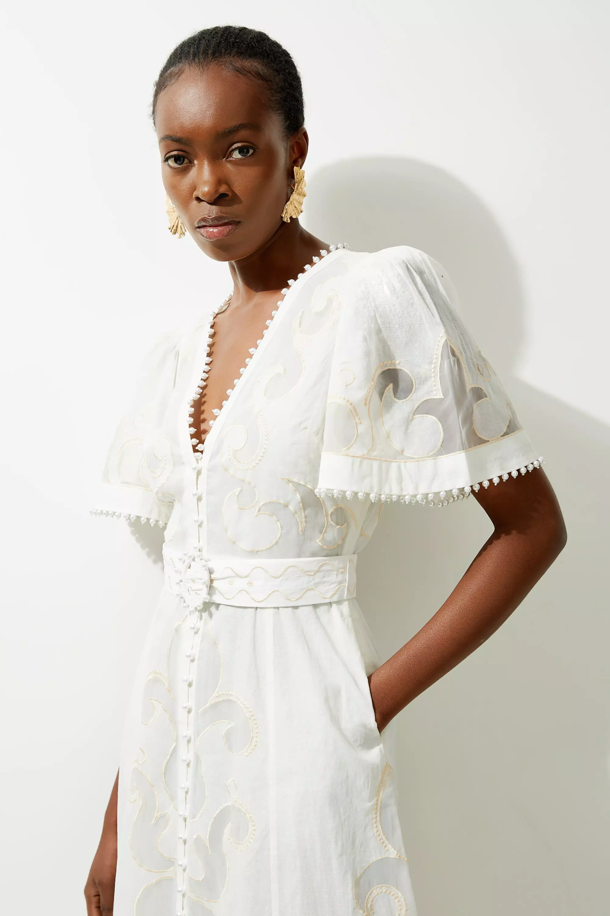 Cutwork Organdie V Neck Woven Midi Dress alternative image