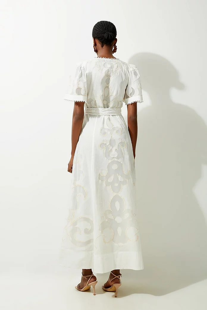 Cutwork Organdie V Neck Woven Midi Dress | Karen Millen Cutwork Organdie V Neck Woven Midi Dress | Karen Millen