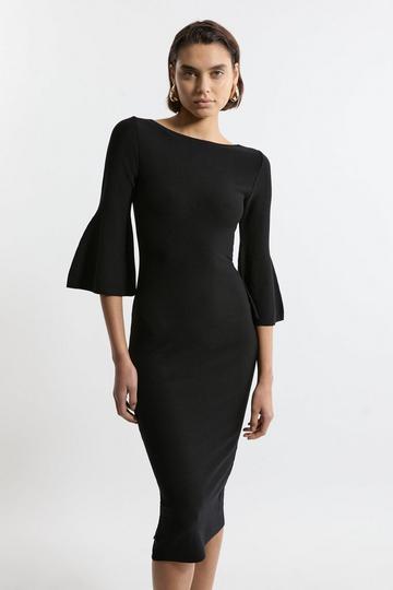 Black Viscose Blend Look Knit Midi Dress With Fluted Sleeve