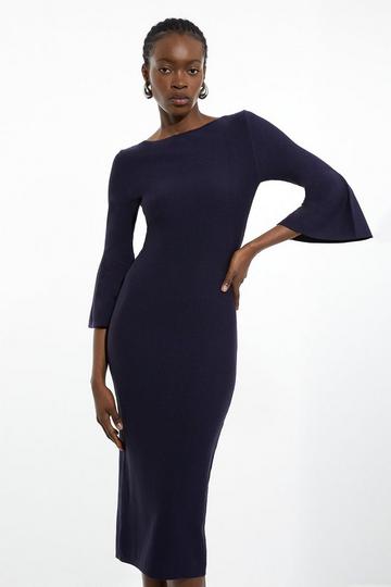 Navy Viscose Blend Look Knit Midi Dress With Fluted Sleeve