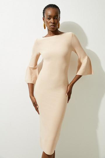 Viscose Blend Look Knit Midi Dress With Fluted Sleeve sand