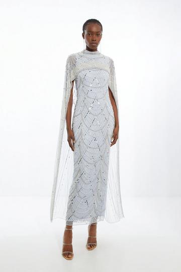 Crystal Embellished Cape Detail Maxi Dress silver