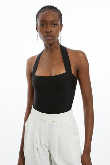 Black Figure Form Bandage Halter Square Neck Top