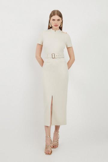 Cream White Belted Detail Ponte Jersey Short Sleeve Midi Dress