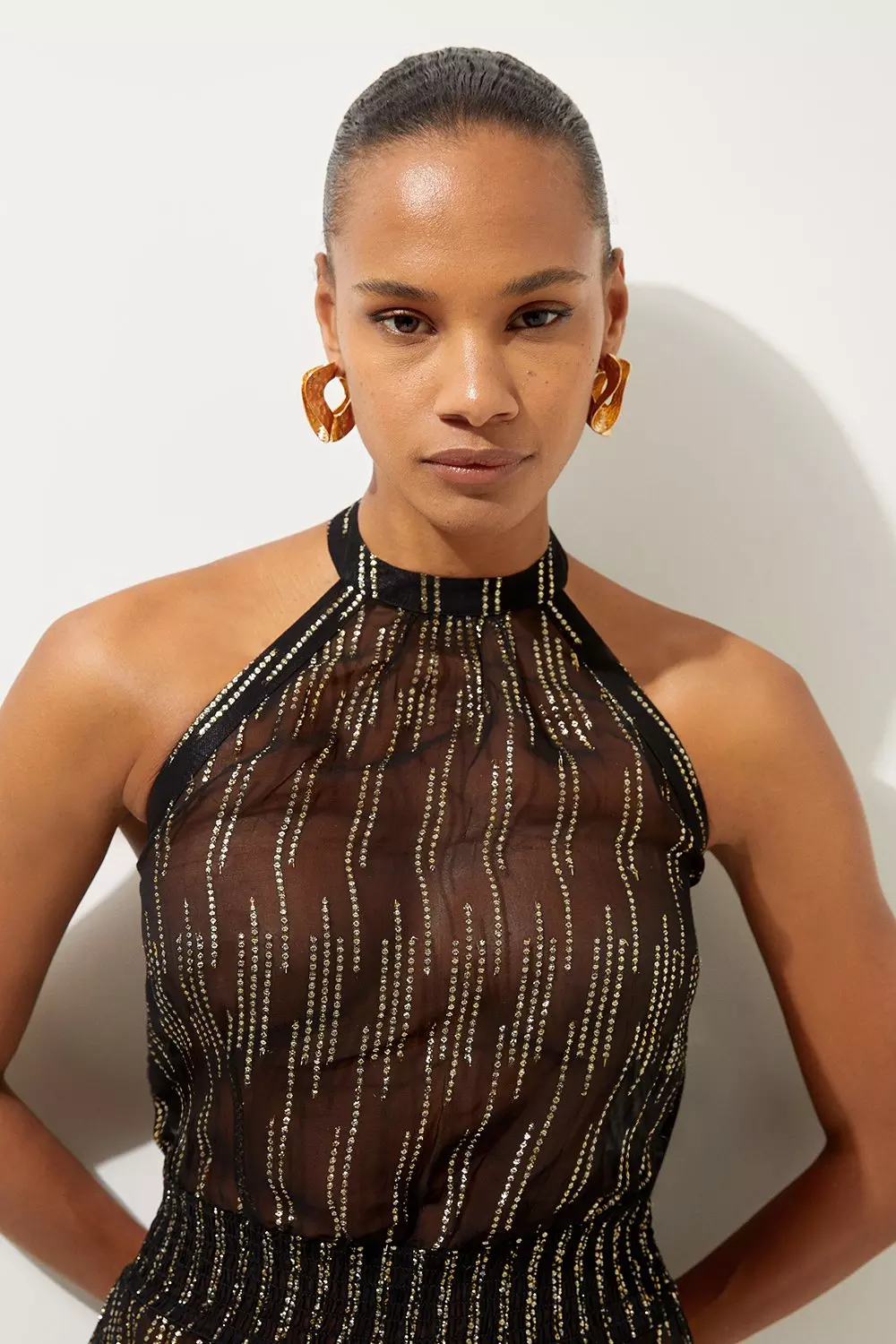 Racer Neck Metallic Thread Woven Beach Mini Dress | Karen Millen