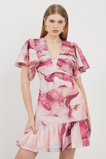 Pink Marble Print Cotton Angel Sleeve Woven Mini Dress