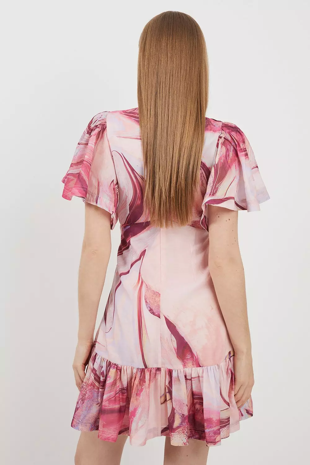 Marble Print Cotton Angel Sleeve Woven Mini Dress | Karen Millen