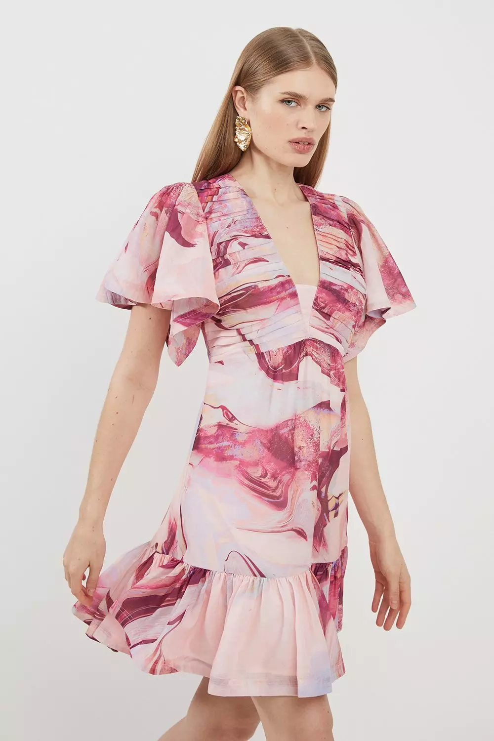Marble Print Cotton Angel Sleeve Woven Mini Dress | Karen Millen