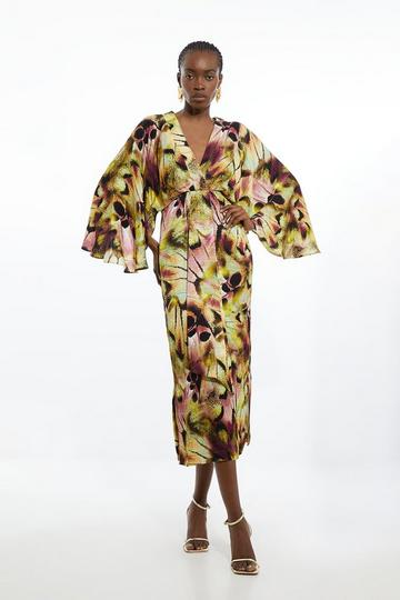 Abstract Print Viscose Woven Kimono Style Midi Dress multi