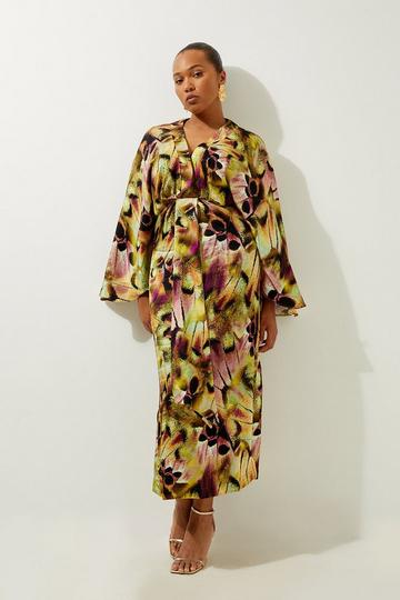 Plus Size Abstract Viscose Woven Wrap Bodice Midi Dress multi