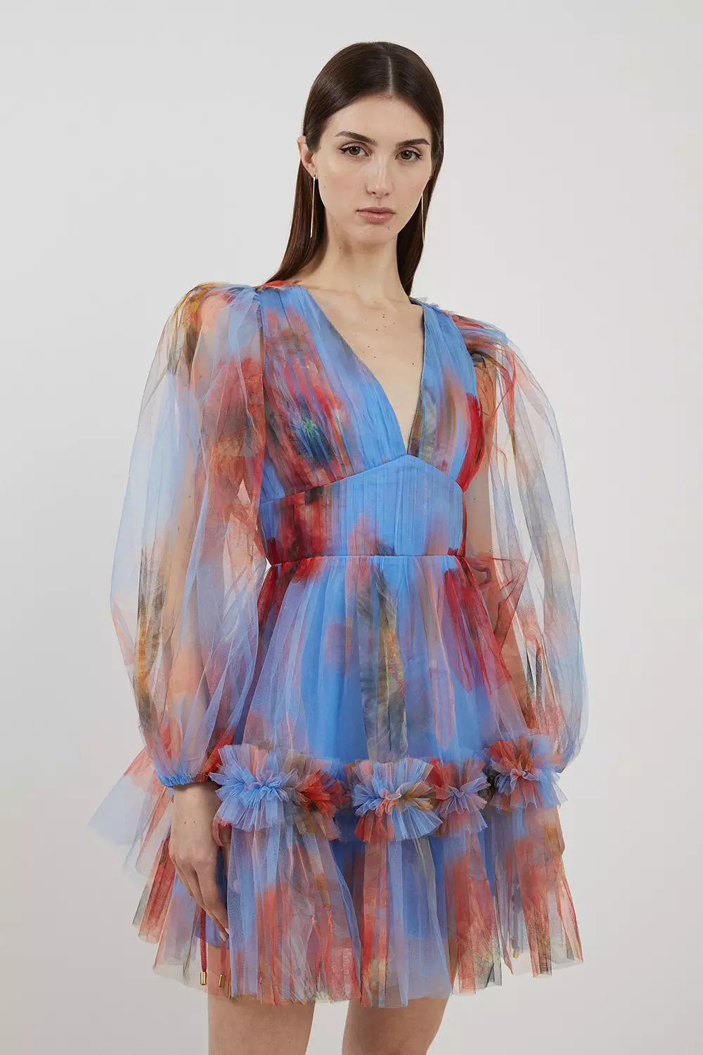 Spring Floral Tulle Plunge Mini Dress Karen Millen