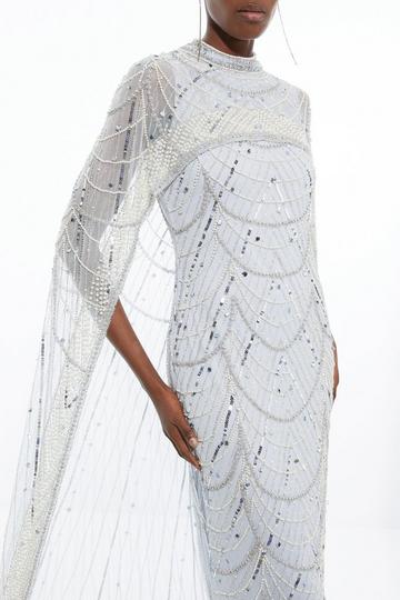 Petite Crystal Embellished Cape Detail Maxi Dress silver