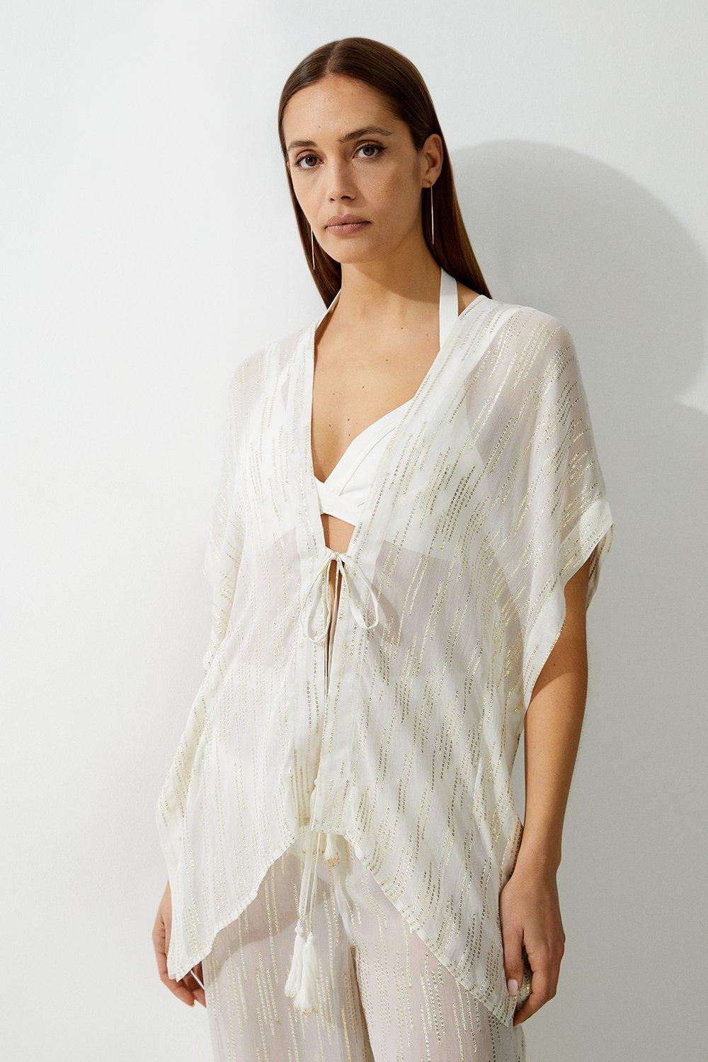 Ivory Beach Metallic Thread Kimono Woven Top