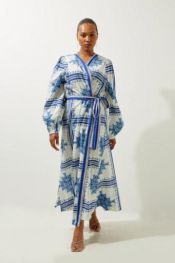 Blue Plus Size Printed Cotton Voile Maxi Beach Dress