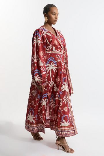 Plus Size Printed Cotton Voile Maxi Beach Dress rust