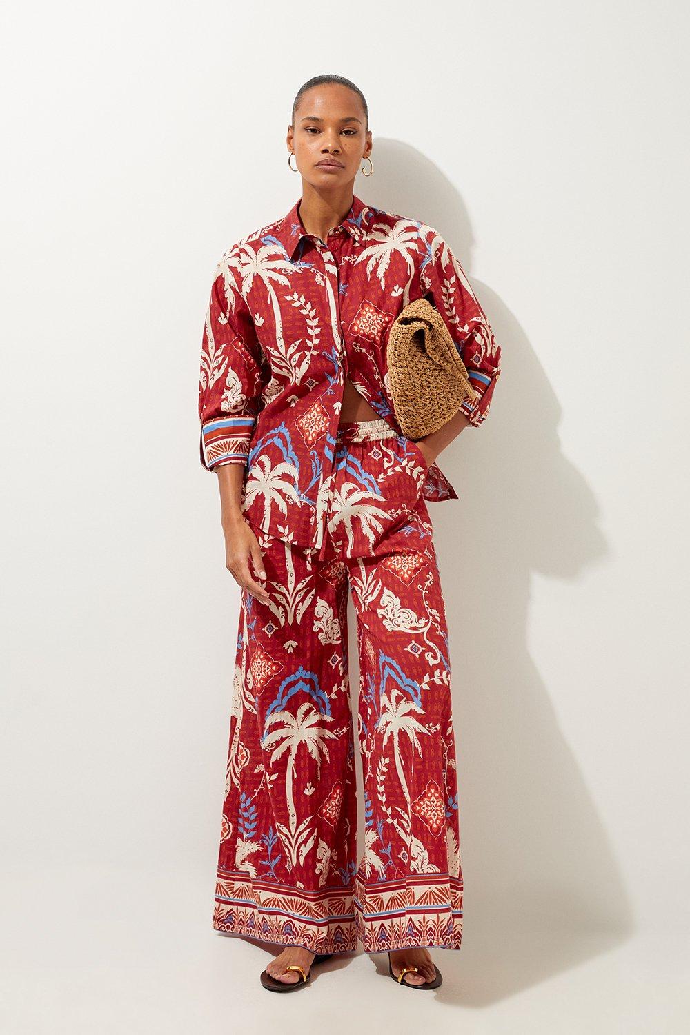 Rust Printed Cotton Voile Beach Trousers