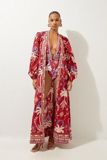 Printed Cotton Voile Maxi Beach Dress rust