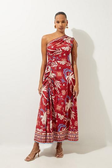 Printed Cotton Voile One Shoulder Midi Beach Dress rust