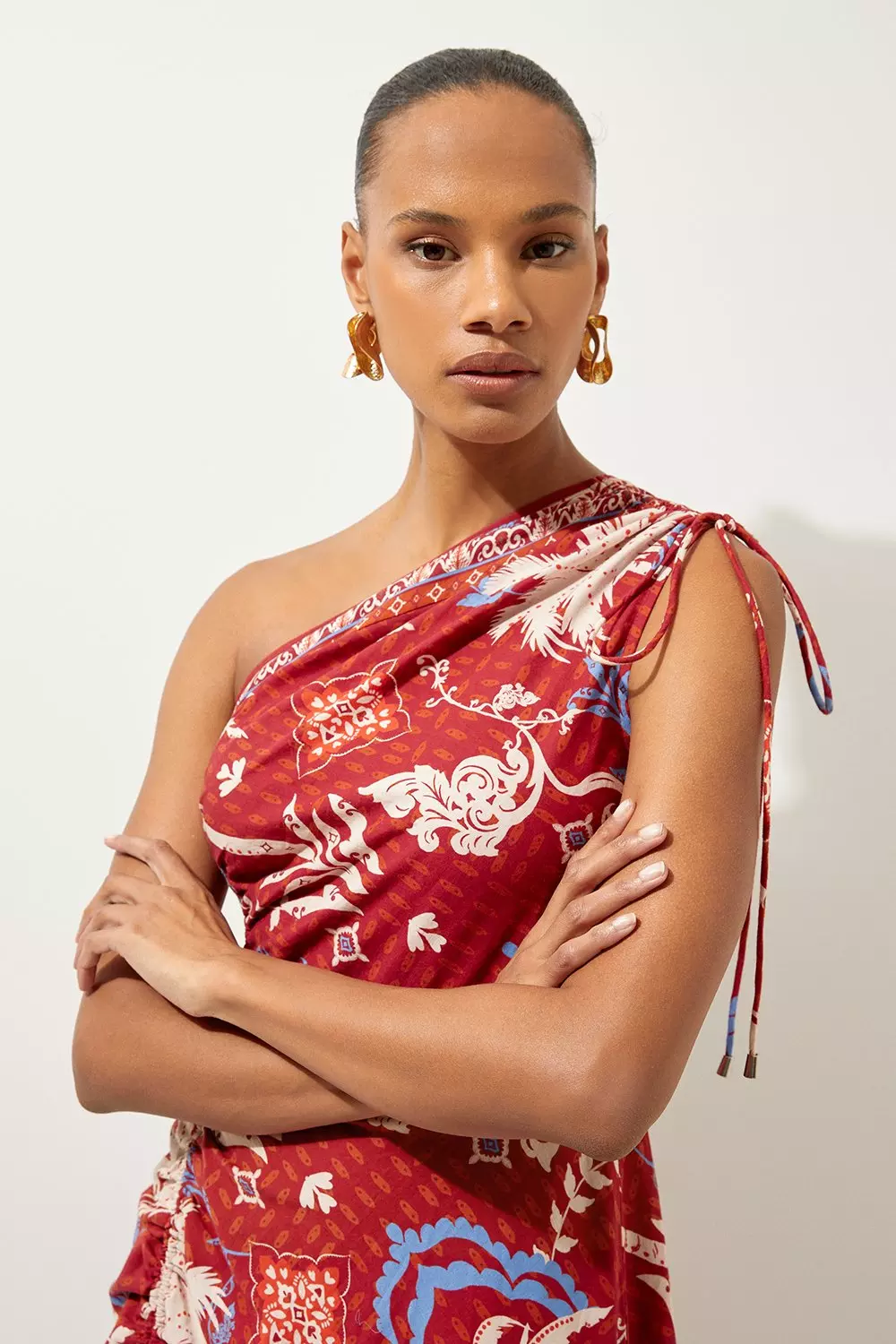 Rust Printed Cotton Voile One Shoulder Midi Beach Dress alternative image