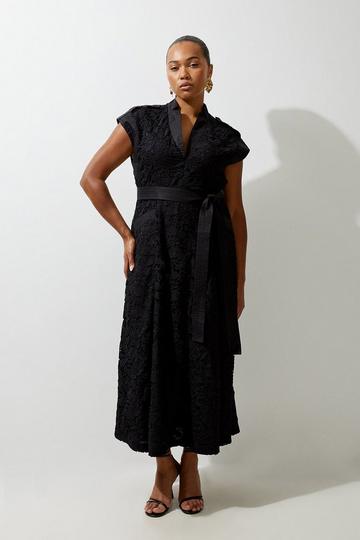 Plus Size Lace And Cotton Mix Woven Midi Dress black