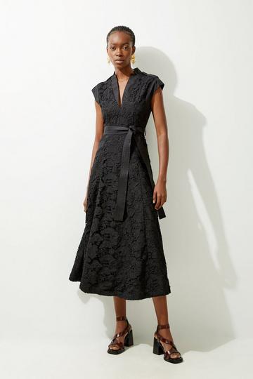 Lace And Cotton Mix Woven Midi Dress black