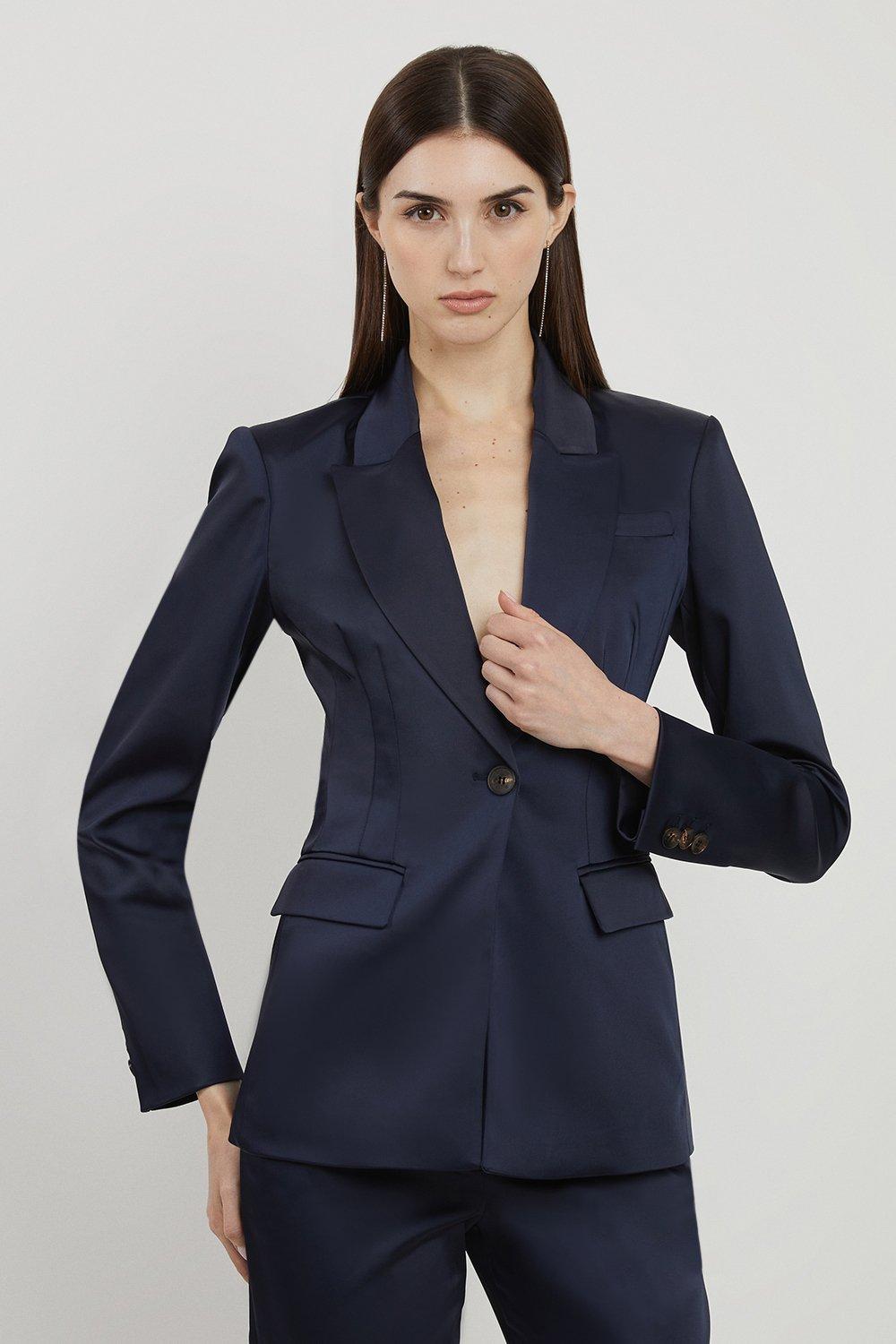 Navy Tailored Satin Single Breasted Blazer