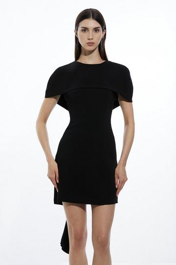 Black Compact Stretch Viscose Back Drape Tailored Mini Dress